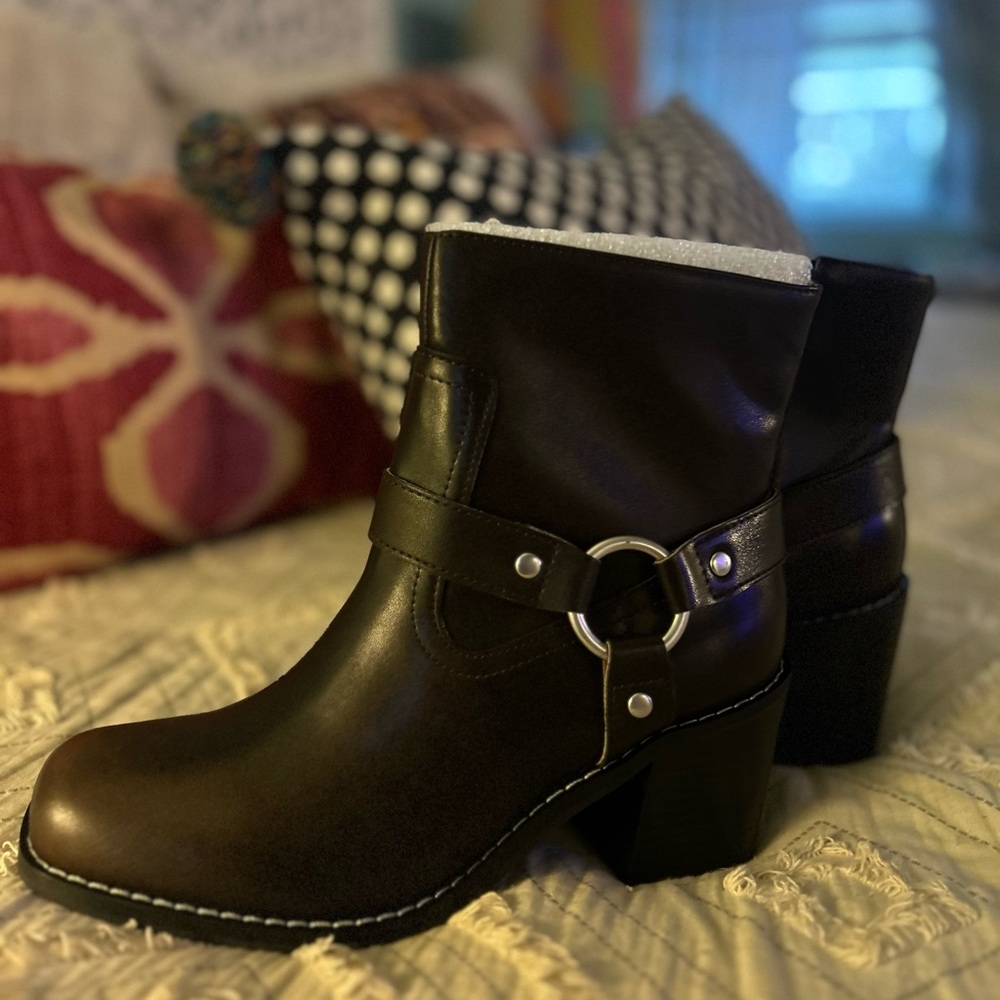 Dark Brown Faux Leather Ankle Boots with O-Ring Detail -Brand New